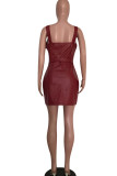 Burgundy Sexy Solid Patchwork Spaghetti Strap One Step Skirt Dresses