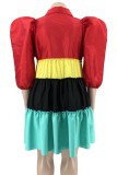 Red Casual Patchwork Contrast Shirt Collar A Line Plus Size Dresses