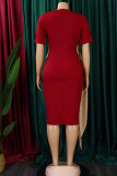 Burgundy Casual Solid Bandage Patchwork Fold Asymmetrical Collar One Step Skirt Dresses