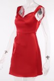 Red Sexy Solid Backless Slit Square Collar Sling Dress Dresses