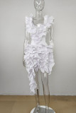 White Sexy Solid Patchwork Stringy Selvedge V Neck Irregular Dress Dresses