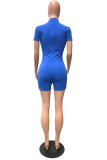 Blue Sexy Patchwork Bandage Hollowed Out Contrast Turtleneck Skinny Romper