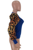 Blauwe mode casual print luipaard patchwork tops met O-hals