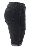 Black Street Solid Patchwork Fold High Waist Denim Shorts