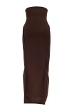 Jupe décontractée solide basique maigre taille haute conventionnelle couleur unie marron