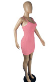 ピンクのセクシーなソリッドパッチワークスパゲッティストラップペンシルスカートドレス