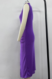 Purple Elegant Solid High Opening Fold Turtleneck Wrapped Skirt Dresses