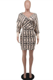 Apricot Casual Print Patchwork V Neck Long Sleeve Dresses