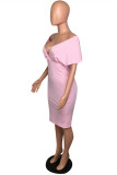 Pink Fashion Solid Beading V Neck Short Sleeve Dress