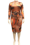 Black Orange Casual Print Patchwork Zipper Collar One Step Skirt Plus Size Dresses