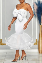 White Sexy Party Elegant Formal Patchwork Flounce Asymmetrical Strapless Sleeveless Two Pieces Bow Tube Tops And Ruffle Hem Skirts Sets