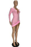 ピンク セクシー ソリッド パッチワーク フェザー メッシュ O ネック ワンステップ スカート ドレス