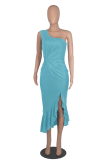 Sky Blue Street Solid Flounce One Shoulder Irregular Dress Dresses