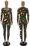 Red Green Casual Print Patchwork Buttons V Neck Skinny Jumpsuits