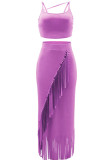 Purple Sexy Solid Tassel Patchwork Spaghetti Strap Sleeveless Two Pieces