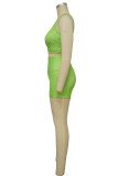 Fluorescent Green Sexy Solid Patchwork Oblique Collar Sleeveless Two Pieces