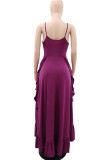 Purple Sexy Solid Hollowed Out Patchwork Frenulum Flounce Spaghetti Strap Sling Dress Dresses