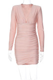 Pink Casual Solid Patchwork Fold V Neck Long Sleeve Dresses
