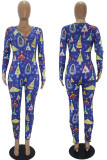 Blue Casual Print Patchwork Buttons V Neck Skinny Jumpsuits