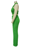 Зеленый сексуальный сплошной выдолбленный лоскутное шитье с открытой спиной Холтер без рукавов из двух частей