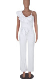 White Sexy Solid Patchwork Flounce Spaghetti Strap Straight Jumpsuits