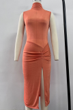 Orange Elegant Solid High Opening Fold Turtleneck Wrapped Skirt Dresses