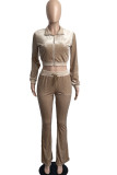 Khaki Casual Solid Patchwork Zipper Collar Long Sleeve Two Pieces