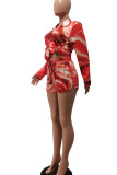 Rose Red Casual Print Patchwork Buckle Turndown Collar Long Sleeve Two Pieces