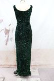 レッド セクシー エレガント ソリッド タッセル スパンコール パッチワーク スリット Uネック イブニングドレス ドレス