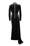 Black Sexy Solid Hollowed Out Patchwork Slit Turtleneck Evening Dress Dresses