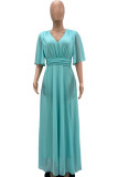 Light Blue Casual Solid Patchwork V Neck Long Dress Dresses