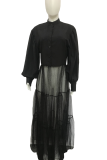 Black Casual Patchwork Solid Mesh Without Belt Mandarin Collar Irregular Dress Plus Size Dresses