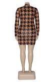 Brown Casual Print Patchwork Zipper Collar Long Sleeve Plus Size Dresses