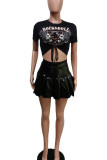 White Fashion Sexy Print Hollowed Out Patchwork Frenulum O Neck Short Sleeve Two Pieces Crop Tops And Pleated Skirt Sets