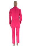 Pantalones cárdigan sólidos informales de color rojo rosa con cuello vuelto y manga larga de dos piezas