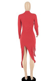 Vestido irregular de cuello alto asimétrico con retazos lisos casual rojo Vestidos