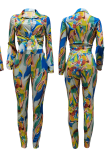 Yellow And Blue Street Print Patchwork Turndown Collar Long Sleeve Two Pieces