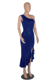 Royal Blue Street Solid Flounce One Shoulder Irregular Dress Dresses