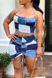 Royal Blue Sexy Print Bandage Backless Halter Sleeveless Two Pieces