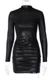 Black Sexy Solid Fold Basic Half A Turtleneck Long Sleeve Dresses