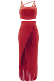 Red Sexy Solid Tassel Patchwork Spaghetti Strap Sleeveless Two Pieces