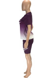 Purple Casual Gradual Change Letter Print Patchwork O Neck Short Sleeve Two Pieces