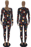 Navy Blue Casual Print Patchwork Buttons V Neck Skinny Jumpsuits