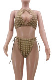 Khaki Sexy Solid Hollowed Out Frenulum Backless Swimsuit Three Piece Set (Without Paddings)