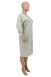 Grey Casual Solid Basic O Neck Long Sleeve Dresses