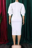 Vestidos de falda de un paso con cuello en O de patchwork sólido casual blanco