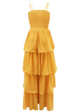 Gelbes, elegantes, festes Bandage-Patchwork-Volant-Spaghetti-Träger-langes Kleid