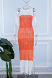 Оранжевое сексуальное повседневное пэчворк с вырезом и разрезом, контрастное длинное платье с круглым вырезом, платья