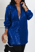 ブルー カジュアル パッチワーク スパンコール シャツカラー シャツ ドレス ドレス