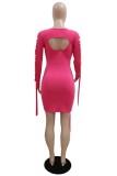 Rose Red Sexy Casual Solid Hollowed Out O Neck Long Sleeve Dresses